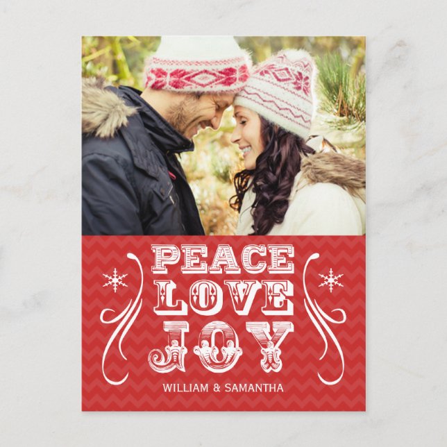 Peace Love Joy Red Chevron Holiday Postcard (Front)