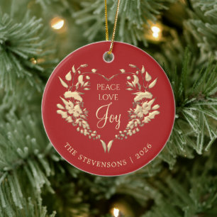 Peace Love Joy Red Gold Christmas Ceramic Tree Decoration