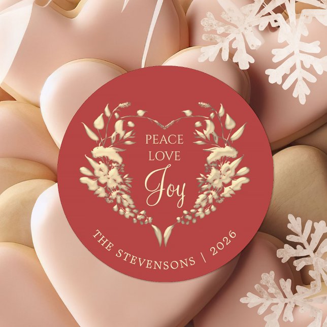 Peace Love Joy Red Gold Christmas Classic Round Sticker (Creator Uploaded)
