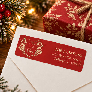 Peace Love Joy Red Gold Christmas Return Address
