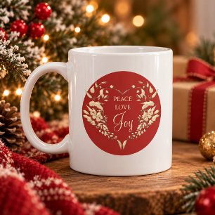 Peace Love Joy Red Gold Personalised Christmas Coffee Mug