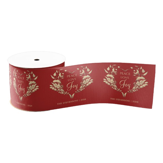 Peace Love Joy Red Gold Personalised Grosgrain Ribbon (Spool)