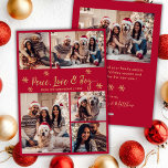 Peace Love Joy Red Gold Photo Collage Christmas Holiday Card<br><div class="desc">Elegant Modern Calligraphy Red and Gold Snowflake 5 Photo Collage Peace Love and Joy Script Christmas Holidays Card. This festive, minimalist, five (5) photo holiday greeting card template featuring a grid photo collage, some snowflake and says „Peace Love and Joy”! whimsical greeting text is written in a beautiful hand lettered...</div>
