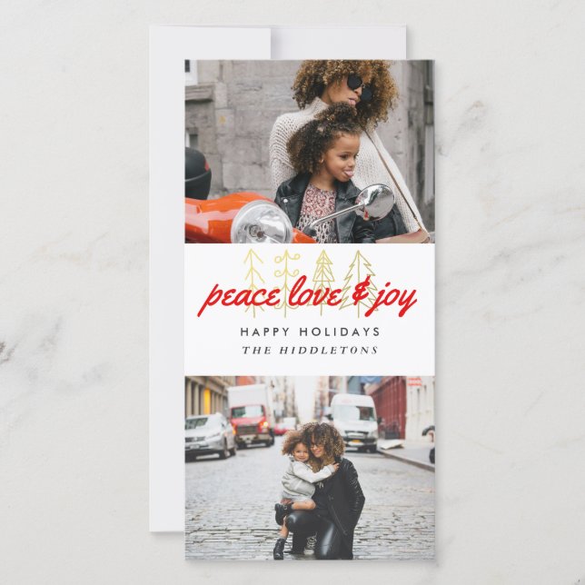 Peace Love & Joy Red Script Two Photos Holiday Card (Front)