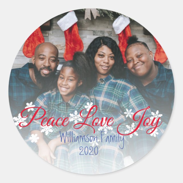 Peace Love Joy Red Script Your Photo Classic Round Sticker (Front)