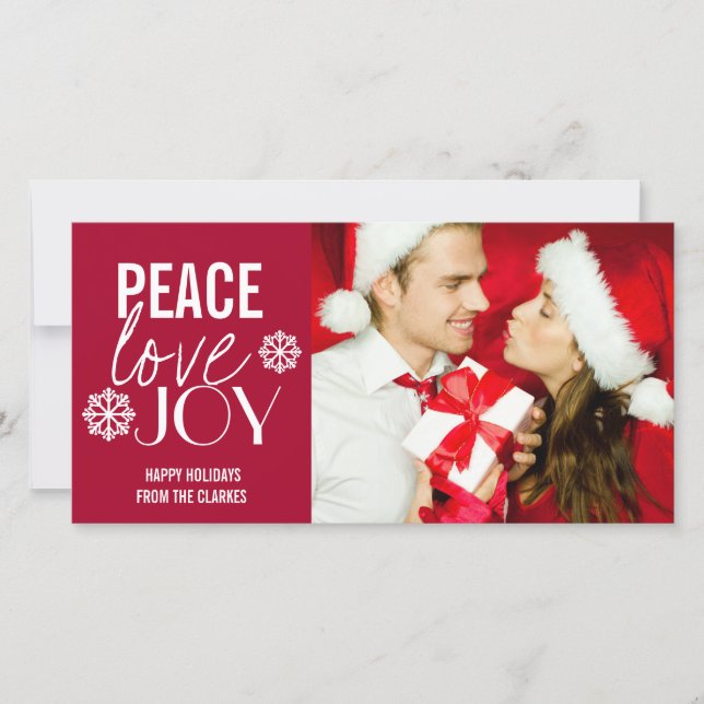 Peace Love Joy Red Snow Holiday Photo Cards (Front)