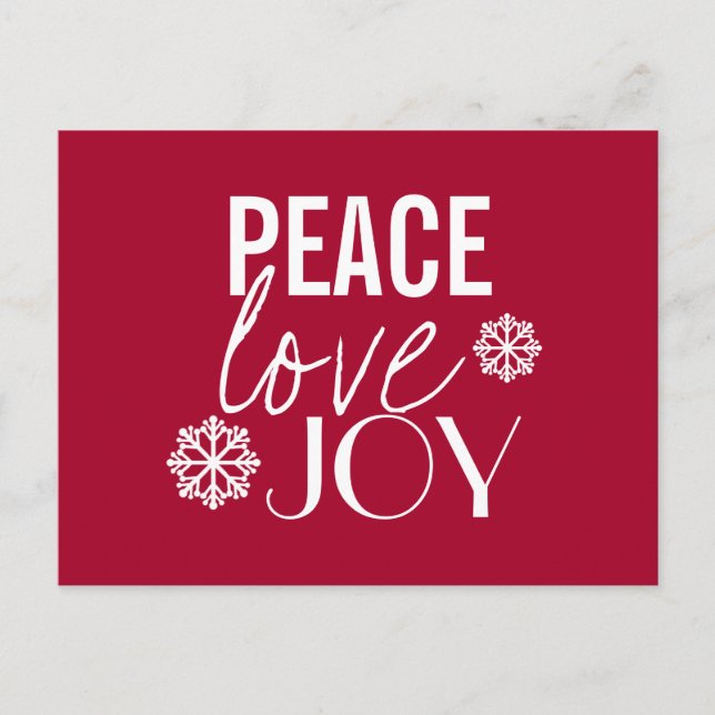 Peace Love Joy Red Snowflake Holiday Postcards (Front)