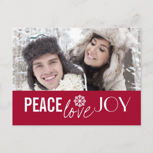 Peace Love Joy Red Snowflake Holiday Postcards (Front)