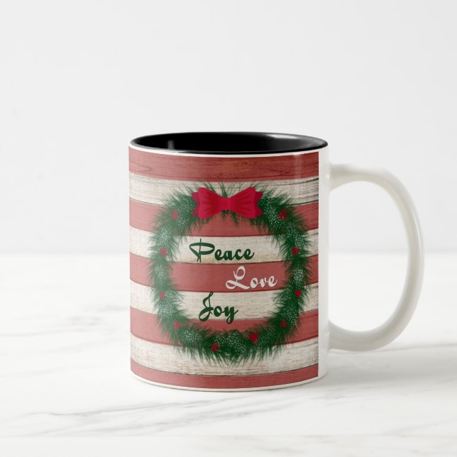 Peace, Love & Joy Red Stripe Wreath Mug (Right)