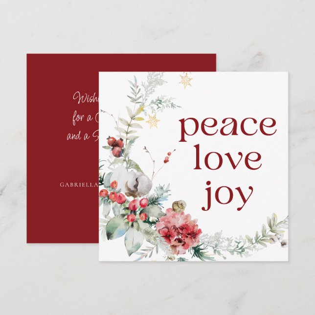Peace Love Joy Red White Square Holiday Card (Front/Back)
