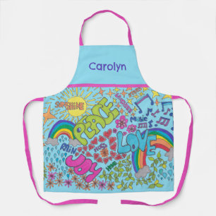 Peace, Love, Joy. Retro 1960s drawing, your name Apron