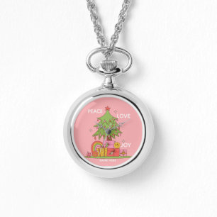 Peace, Love & Joy - Retro Christmas Tree in Pink Watch