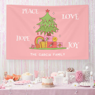 Peace, Love & Joy - Retro Christmas Tree on Pink Banner
