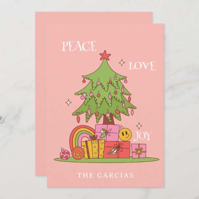 Peace, Love & Joy - Retro Christmas Tree on Pink Holiday Card (Front/Back)