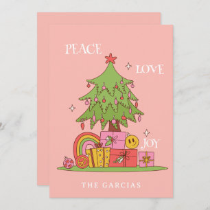 Peace, Love & Joy - Retro Christmas Tree on Pink Holiday Card