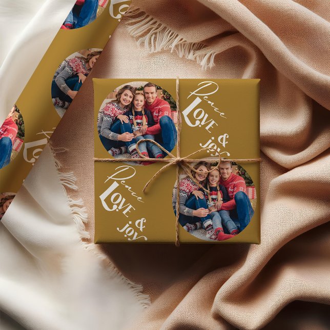 Peace Love Joy Round Photo Elegant Typography Gold Wrapping Paper (Peace Love & Joy Photo wrapping paper)