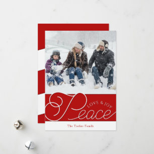 Peace Love Joy Script Red & White Photo Christmas Holiday Card