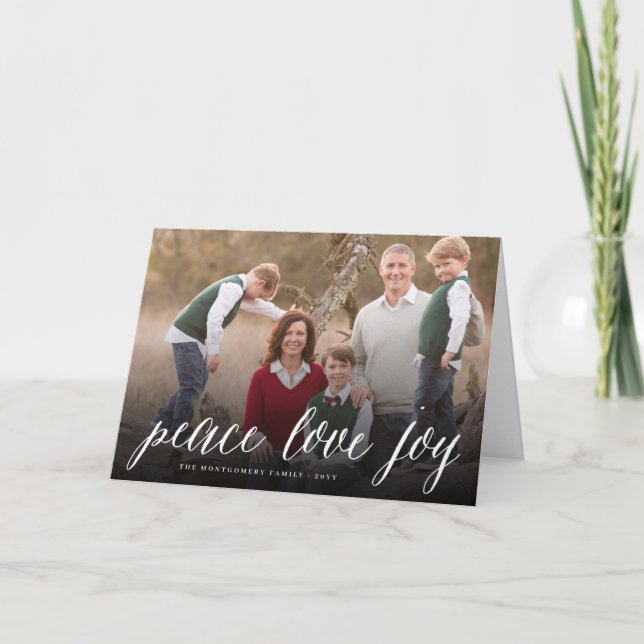 Peace Love Joy Simple White Script Modern Photo Holiday Card (Front)