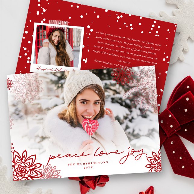 Peace Love Joy Snowflakes Elegant Christmas Photo Holiday Card (Creator Uploaded)