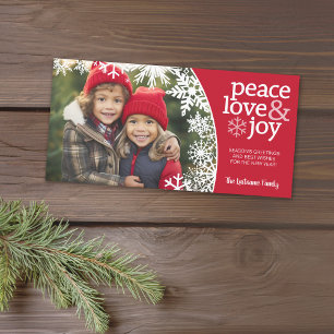 Peace Love Joy Snowflakes - red white Photo Holiday Card