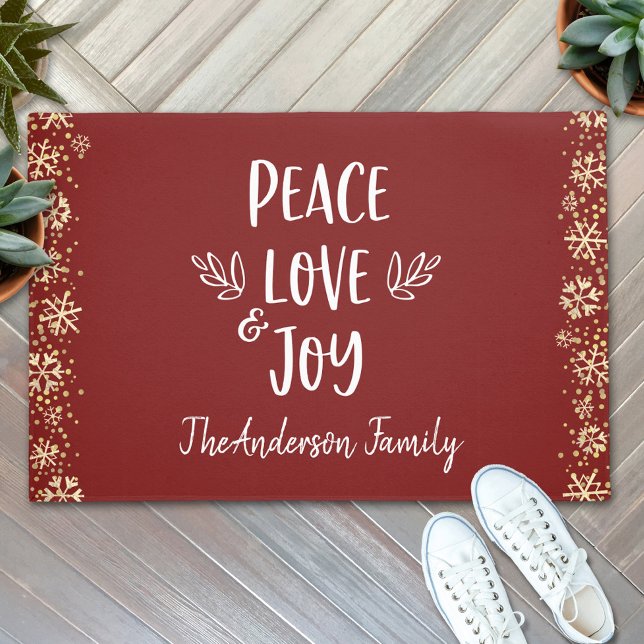Peace Love Joy Snowflakes Typography Red Holiday Doormat (Creator Uploaded)