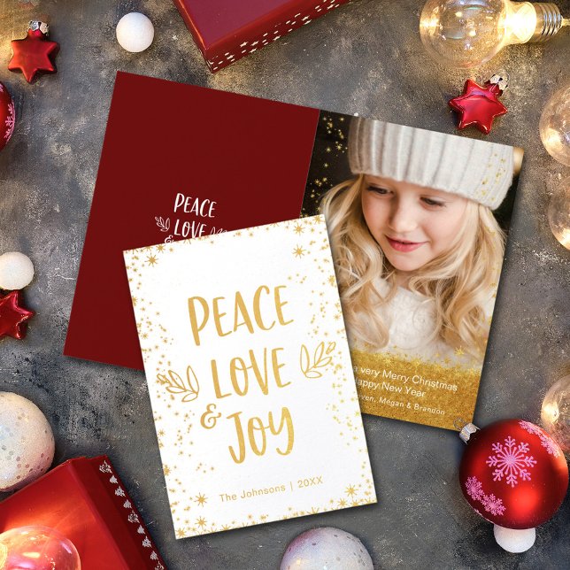 Peace Love Joy Stars Quote Photo Modern Real Gold Foil Card (Creator Uploaded)