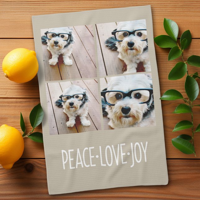 Peace Love Joy Taupe Holiday Photo Collage Tea Towel (Custom kitchen towel)