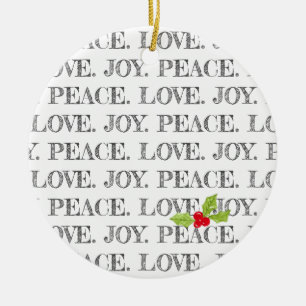 Peace Love Joy Text Christmas Holly Photo Ceramic Tree Decoration