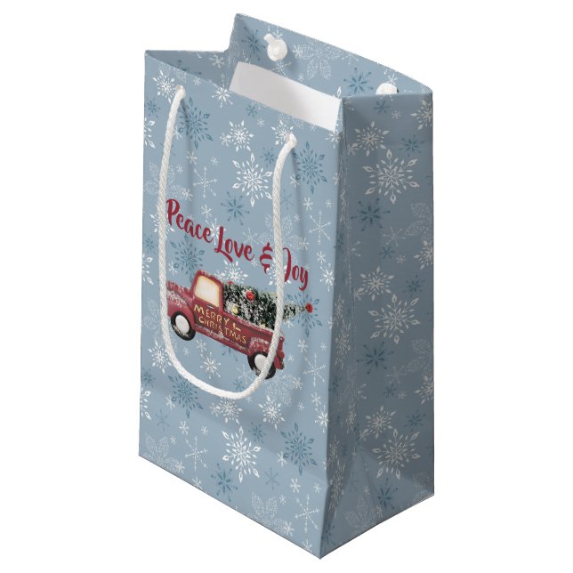 Peace Love & Joy Toy Truck Merry Christmas Small Gift Bag (Front Angled)