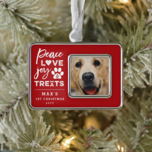 Peace Love Joy Treats Dog Lover Photo Funny Pet Silver Plated Framed Ornament