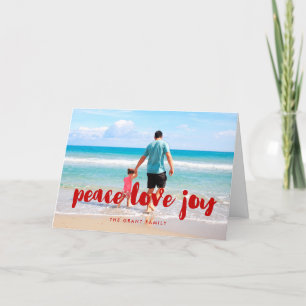 Peace Love Joy trendy red font photo Holiday Card