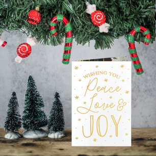 Peace, Love & Joy Typography 3 Photo Christmas Foil Card