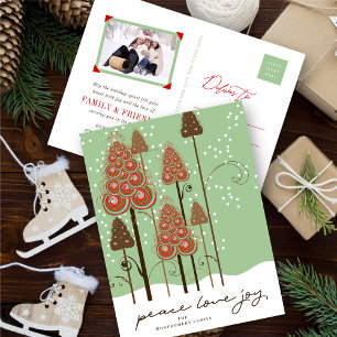Peace Love Joy Whimsical Christmas Tree And Snow Holiday Postcard
