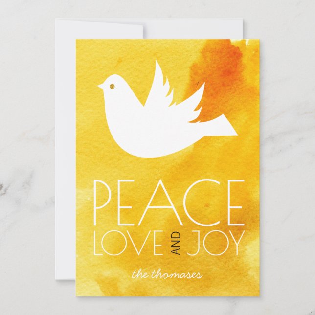 Peace love joy yellow watercolor & dove Christmas Holiday Card (Front)