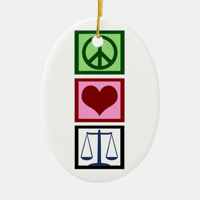 Peace Love Justice Ceramic Tree Decoration (Front)