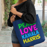 Peace Love Kamala Harris Cute Blue Tote Bag<br><div class="desc">Cute Peace Love Kamala Harris blue tote bag for a progressive democrat who loves fun,  colourful political designs. Vote for Kamala for president in the 2024 election. A fun liberal design in bright colours.</div>