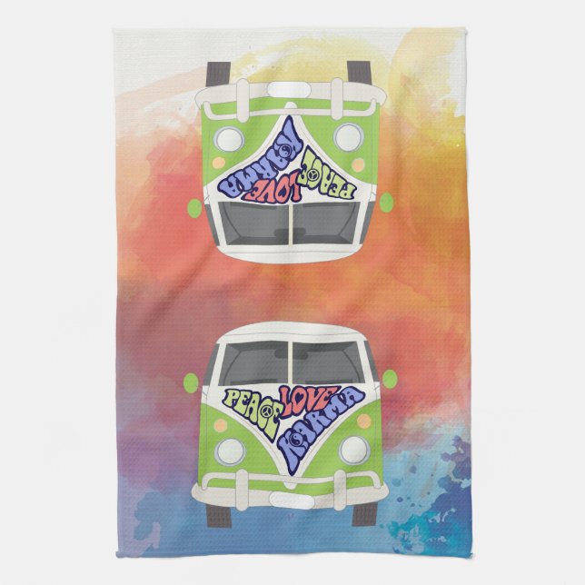 Peace Love Karma hippie rainbow watercolor van Tea Towel (Vertical)