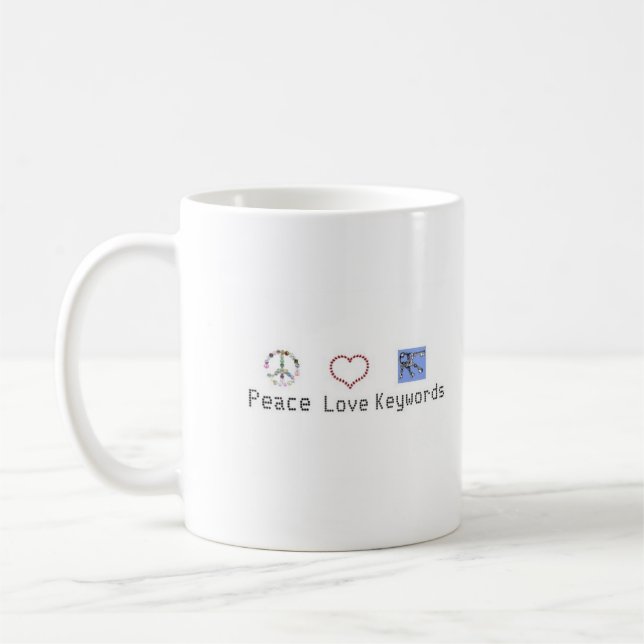 Peace, Love, Keywords Mug (Left)