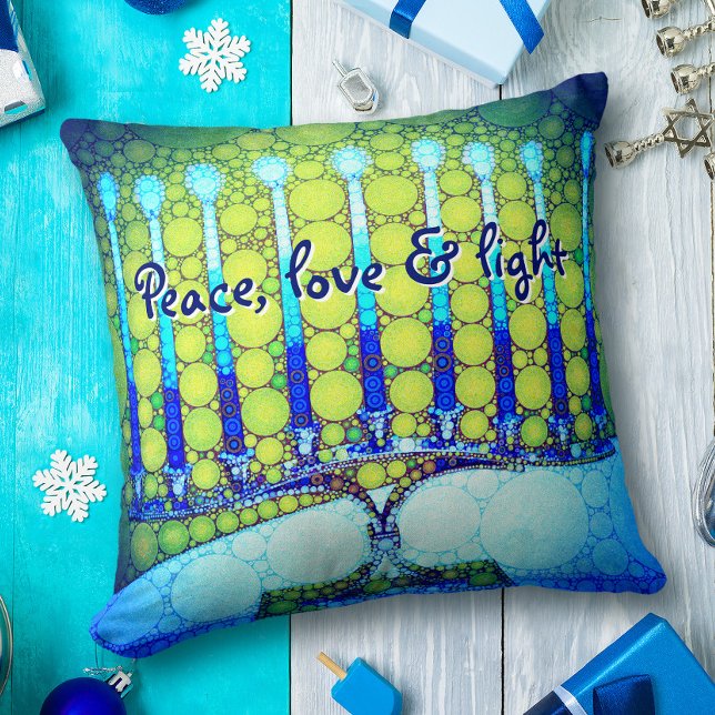 Peace Love Light Bold Blue Green Hanukkah Menorah Cushion (Creator Uploaded)
