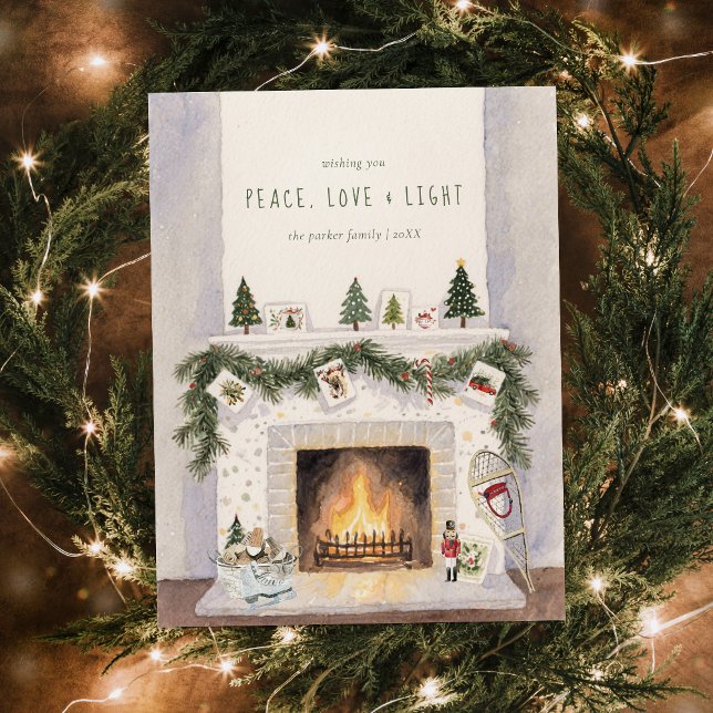 Peace, Love & Light | Christmas Fireplace Photo Holiday Postcard (Creator Uploaded)