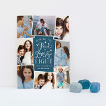 Peace, Love & Light | Hanukkah Photo Collage Holiday Card<br><div class="desc">Beautiful typography based Hanukkah photo card features eight of your favourite family photos in a collage layout. "Wishing you peace, love and light this Hanukkah and always" appears in the centre in white hand lettered typography on a dark teal background dotted with stars. Customise with your custom holiday greeting and...</div>