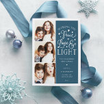 Peace, Love & Light | Hanukkah Photo Holiday Card<br><div class="desc">Beautiful typography based Hanukkah photo card features three of your favourite family photos in a square format along the left side. "Wishing you peace, love and light this Hanukkah and always" appears on the right in white hand lettered typography on a dark teal blue background dotted with stars. Customise with...</div>