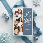 Peace, Love & Light | Hanukkah Photo Holiday Card<br><div class="desc">Beautiful typography based Hanukkah photo card features three of your favourite family photos in a square format along the left side. "Wishing you peace, love and light this Hanukkah and always" appears on the right in white hand lettered typography on a slate blue background dotted with stars. Customise with your...</div>