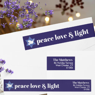 Peace Love Light   Modern Hanukkah Blue & White  Wrap Around Label