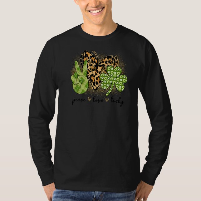 Peace Love Lucky Leopard Heart Shamrock Irish St P T-Shirt (Front)