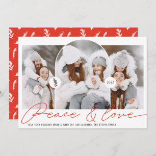 Peace love modern arch 3 photos red script holiday card
