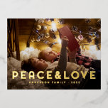 Peace & Love Modern Simple Typography Foil Holiday Postcard<br><div class="desc">Add a custom photo of you with the rest of your family. The photo is adorned with unique gold greetings.

To align your photo,  unmask the photo template by clicking unmask button. Once the photo is aligned,  select the SVG shape and your photo,  then click mask. 

Available here:
http://www.zazzle.com/store/selectpartysupplies</div>