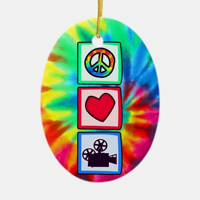 Peace, Love, Movies Ceramic Tree Decoration (Front)