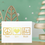 Peace Love Music Beautiful Musician Gold Foil Card<br><div class="desc">This beautiful musician Christmas card features a peace sign,  heart,  and the treble clef on a music scale in elegant gold foil. Customise the inside for your fellow musical friends. Great cards for a choir or band director,  chorale singers or other musically inclined people this holiday.</div>