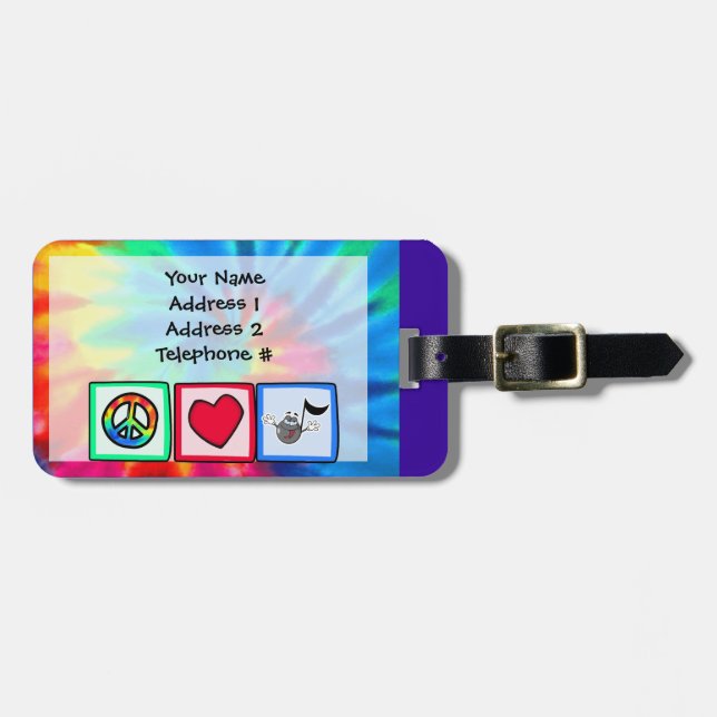 Peace, Love, Music; Tie Dye Luggage Tag (Front Horizontal)